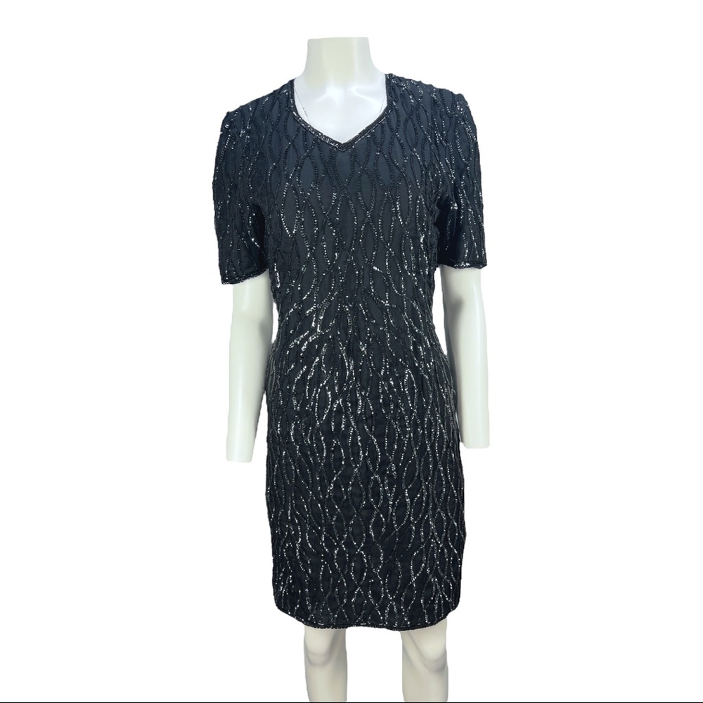 VTG Black Silk Sequin MARK & JOHN by SAM Little Black Dress Size Small